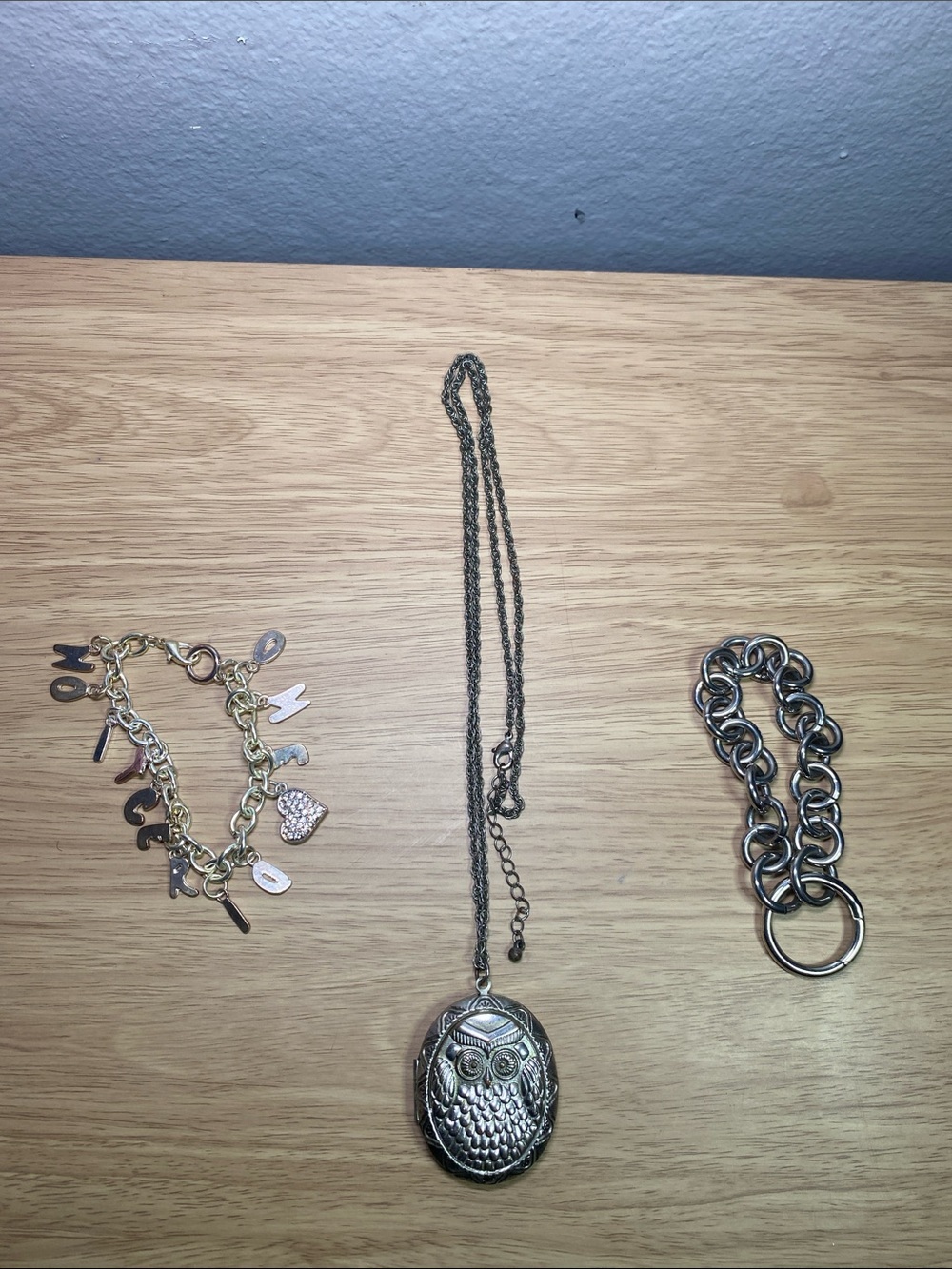 Moschino Silver Owl Pendant Necklace, Maison Miru silver & Charm Letter Bracelet